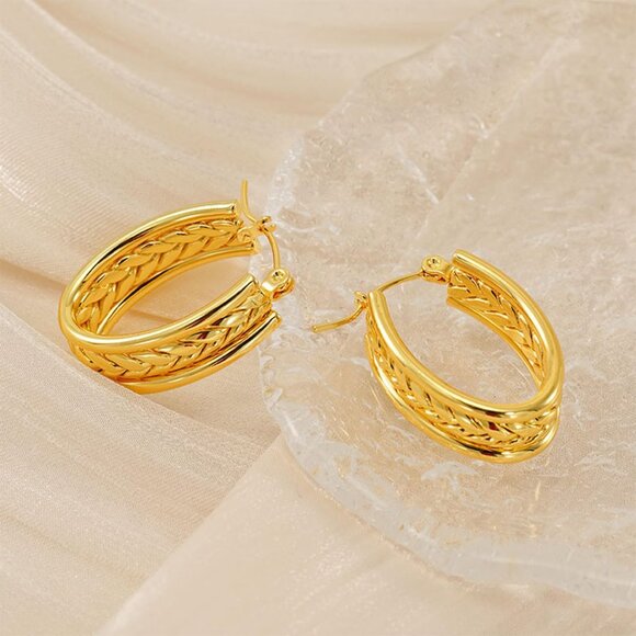 Gold Huggie Hoop Earrings for Women Stylish Hypoallergenic Wheat Texture Open De - Picture 6 of 6